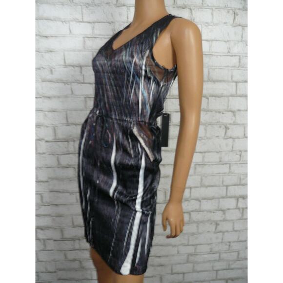 $184 Komarov Black Multi Vneck Mesh Insert Drawstring Sheath Dress Medium NWT - Picture 6 of 10